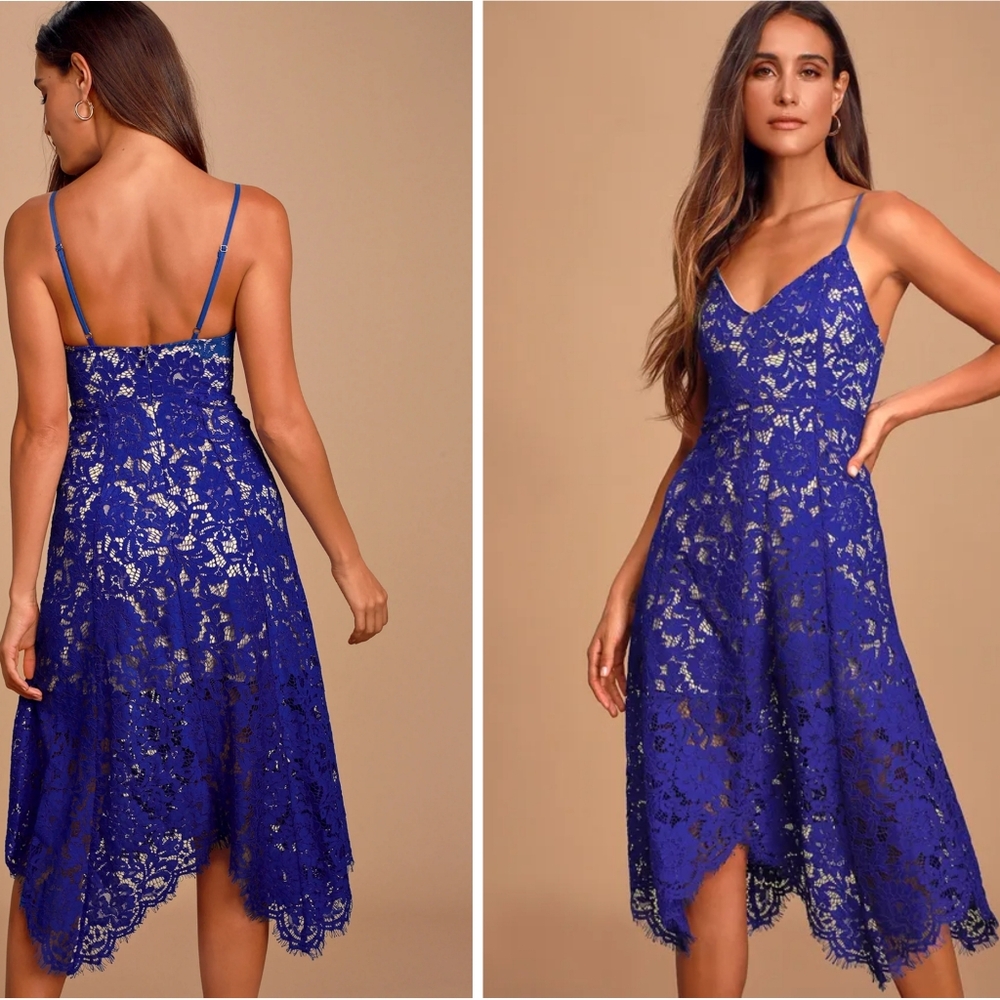 Lulu's One Wish Royal Blue Lace Midi Dress